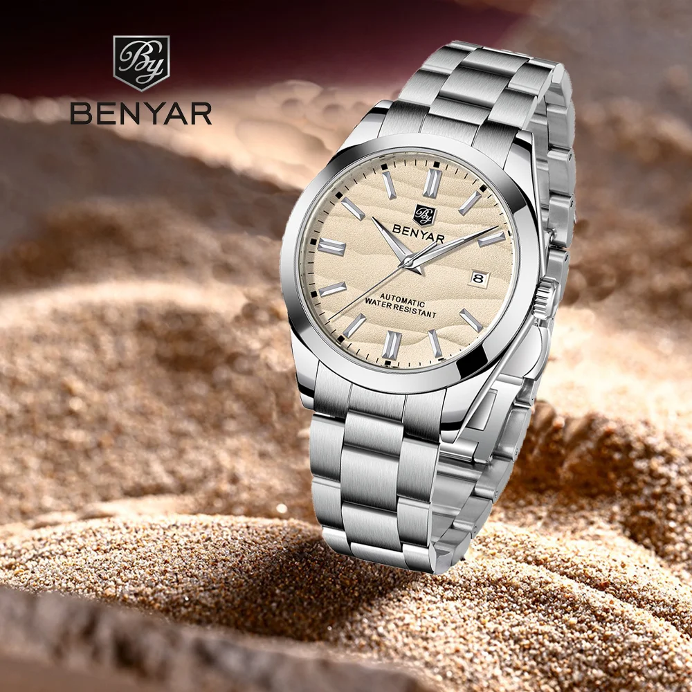 

BENYAR 2024 Sand Dia 40 мм Деловые мужские механические часы из нержавеющей стали 316L Простые водонепроницаемые мужские автоматические часы с 5 барами