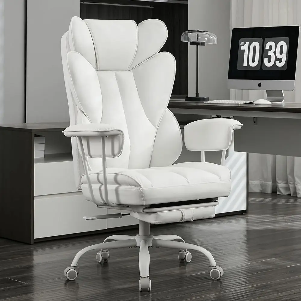Ergonomic High-Back Reclining Office Chair with Footrest for Heavy Duty Use - Wide Executive Gaming Chair in White