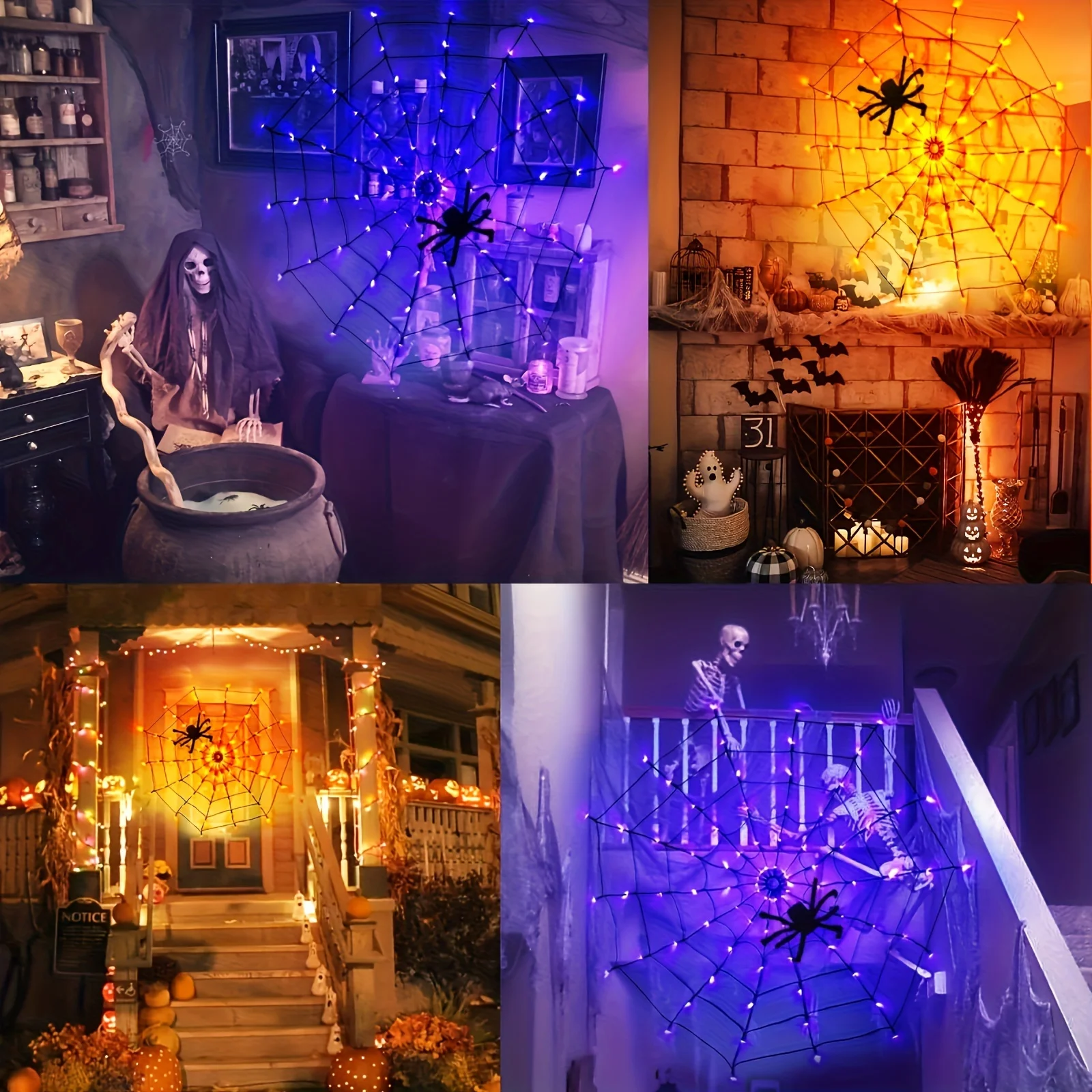 Purple LED Spider Web Lights Halloween Spiderweb Net Lights Halloween Party Window Wall Indoor Outdoor Decorations