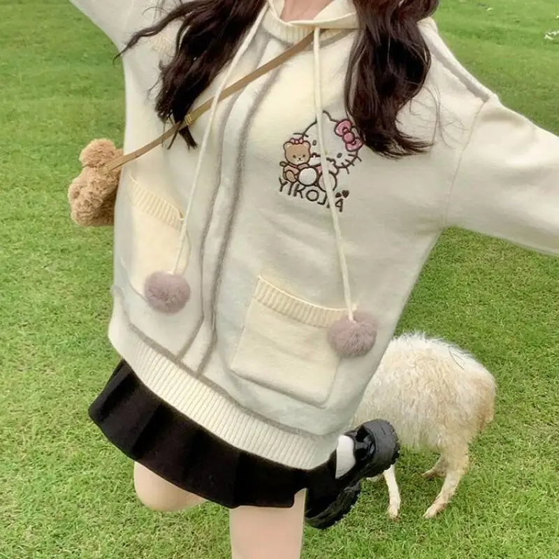 

Свитер с капюшоном Sanrio Hello Kitty абрикосового цвета, осенне-зимнее модное свободное универсальное вязаное пальто с героями мультфильмов для девочек