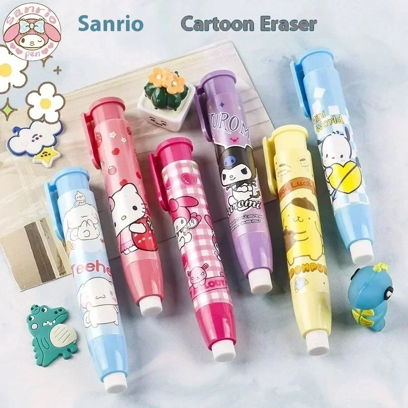 sanrio automatic press rubber eraser para criancas papelaria kawaii bonito limpo presente de aniversario atacado novo 12 pcs 24 pcs 01