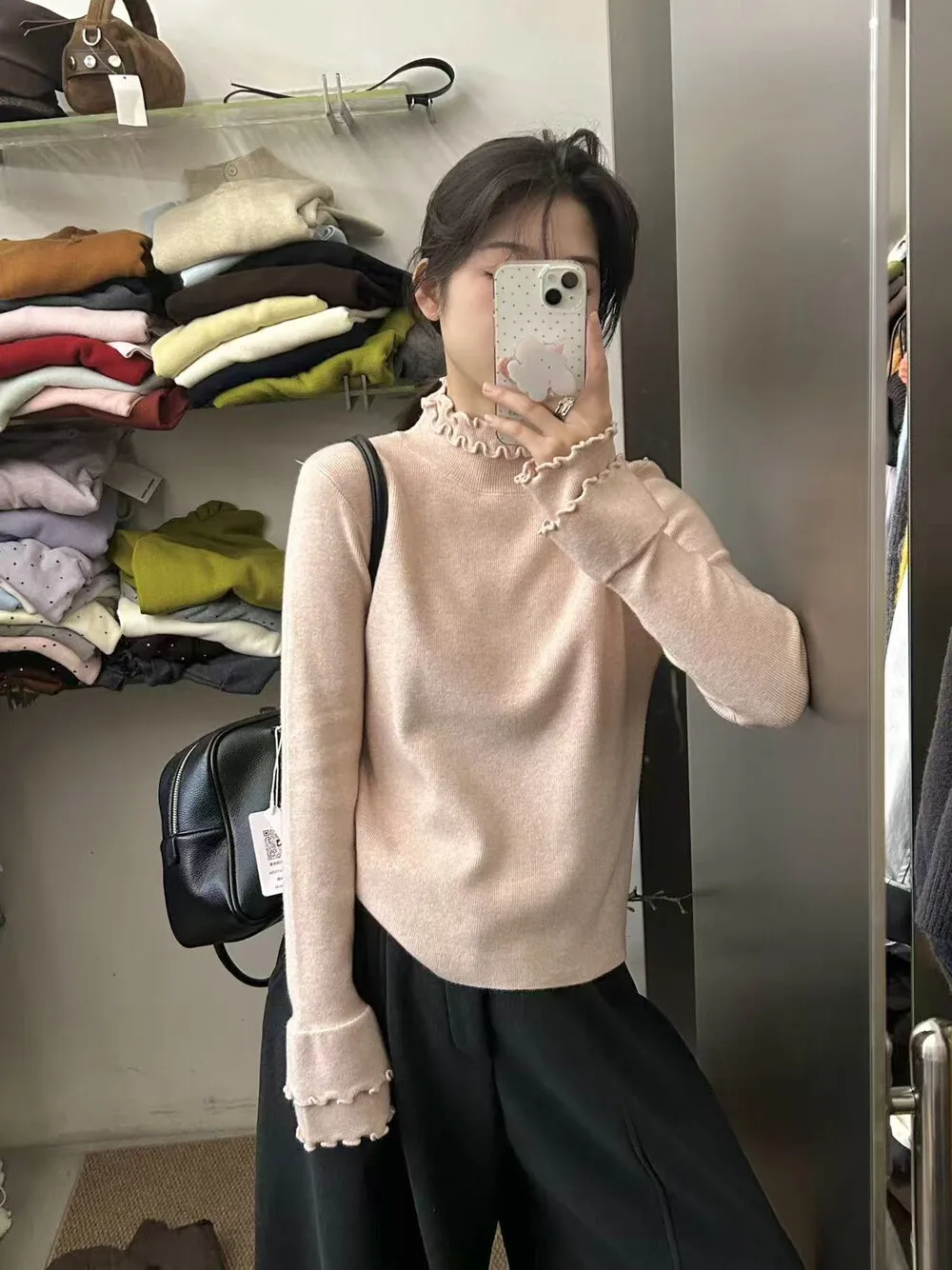 

Korean Sle Double Layer Wooden Knitted Thiened Stand Collar Women's Base irt Slimming Effect Autumn Winter New Arr...