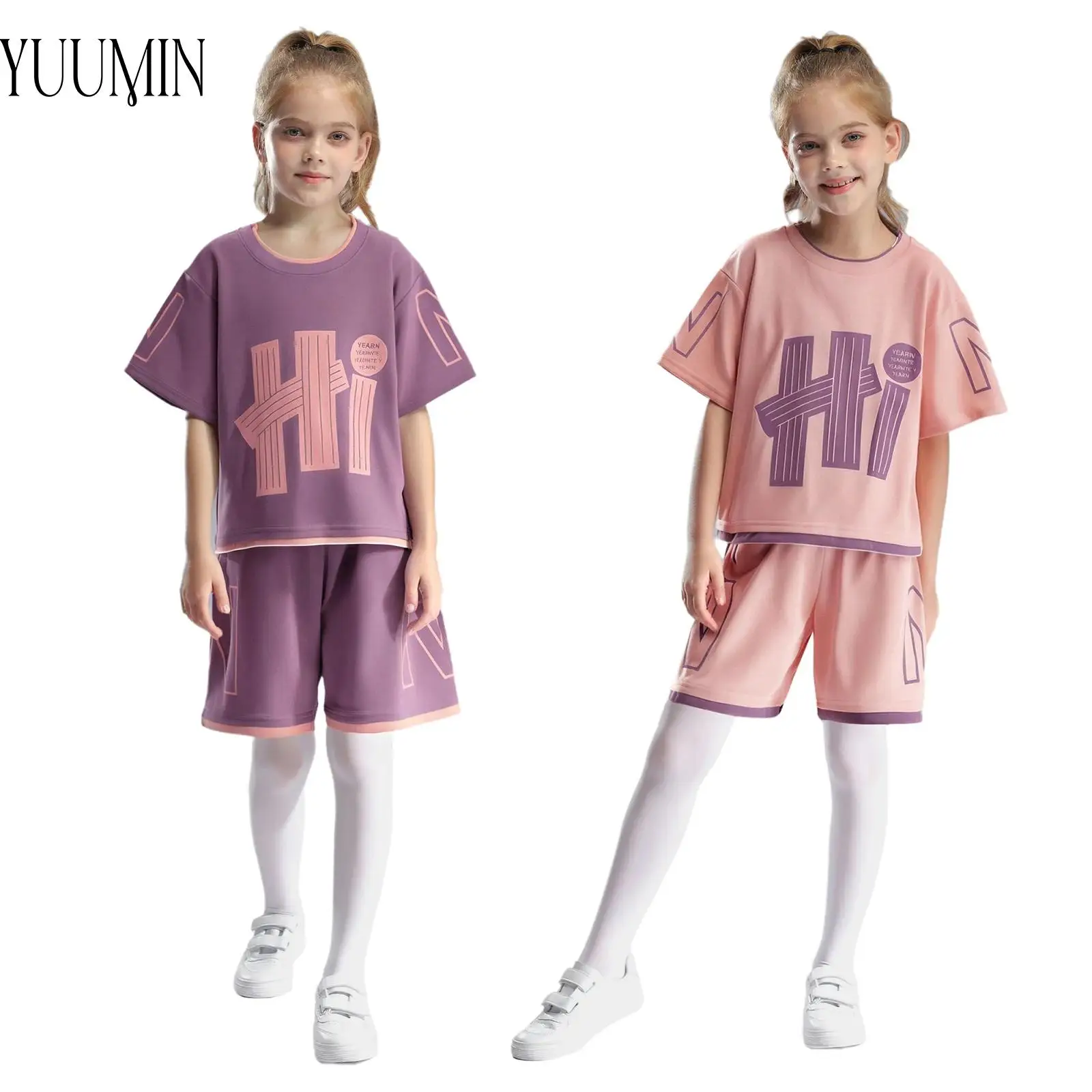 بدلة رياضية صيفية للفتيات مطبوعة بأحرف متباينة تي شيرت بأكمام قصيرة مع شورت قابل للتمدد بعقدة فيونكة لتشغيل ممارسة الركض