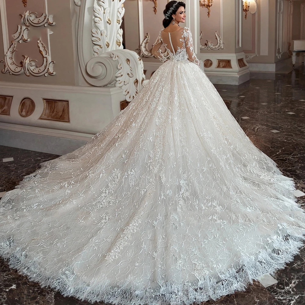 Sexy A-line V-neck Bespoke Wedding Dress 2023 Italian Exquisite Lace White Tulle Long Sleeve Train Button Bride Dress