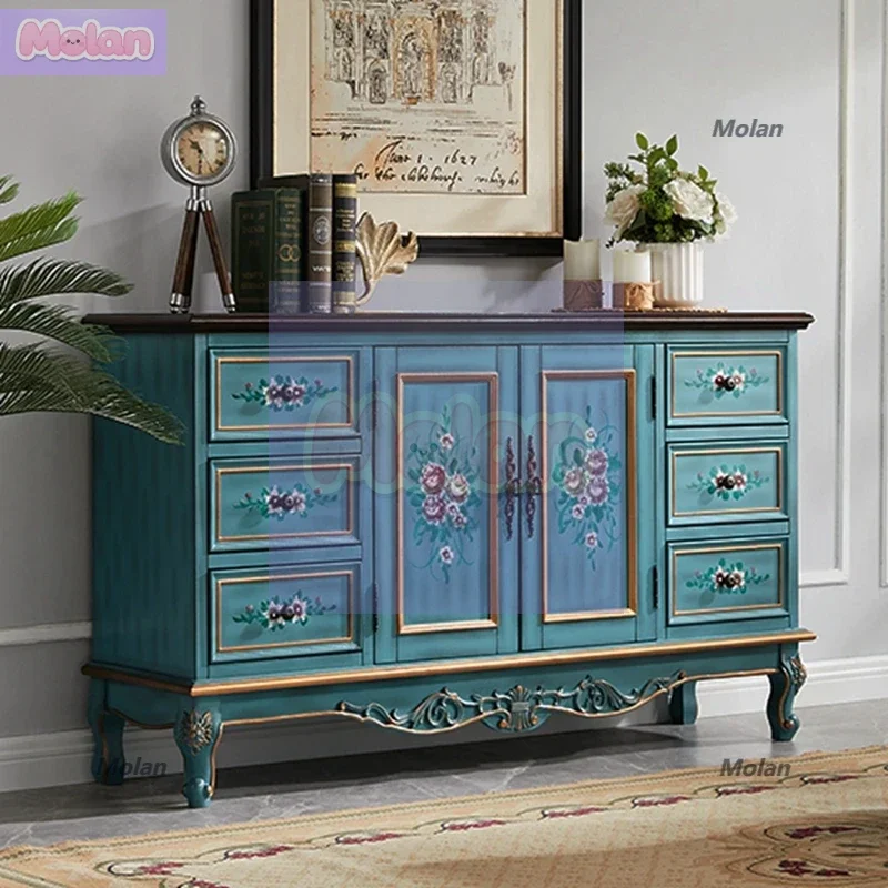 

European side cabinet solid wood American rural entrance cabinet dining cabinet retro painted storage storage complete