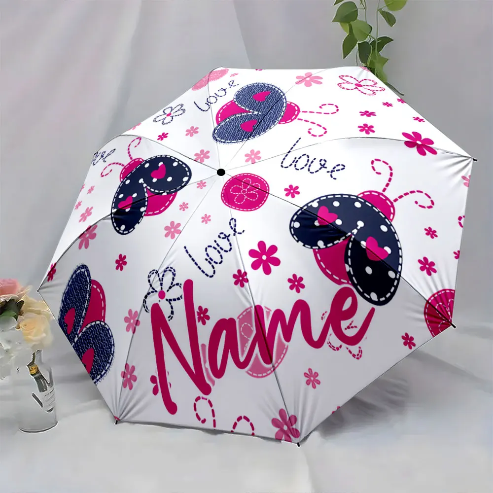 Custom Name Cute umbrella with ladybug and love design Print 8 Iron Ribs Folding Umbrella, Auto-Open Fashion Sunshade