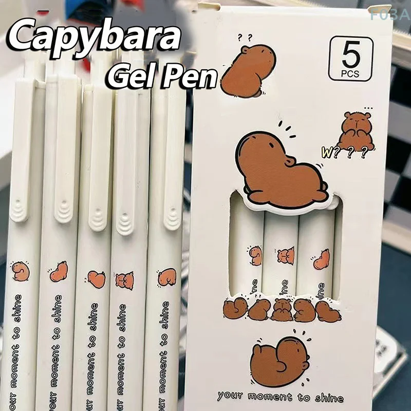 5 pezzi Capybara Penne gel Cartoon Penne ad asciugatura rapida Penne a pressione Scrittura fluida Penne neutre Cancelleria per ufficio Divertente