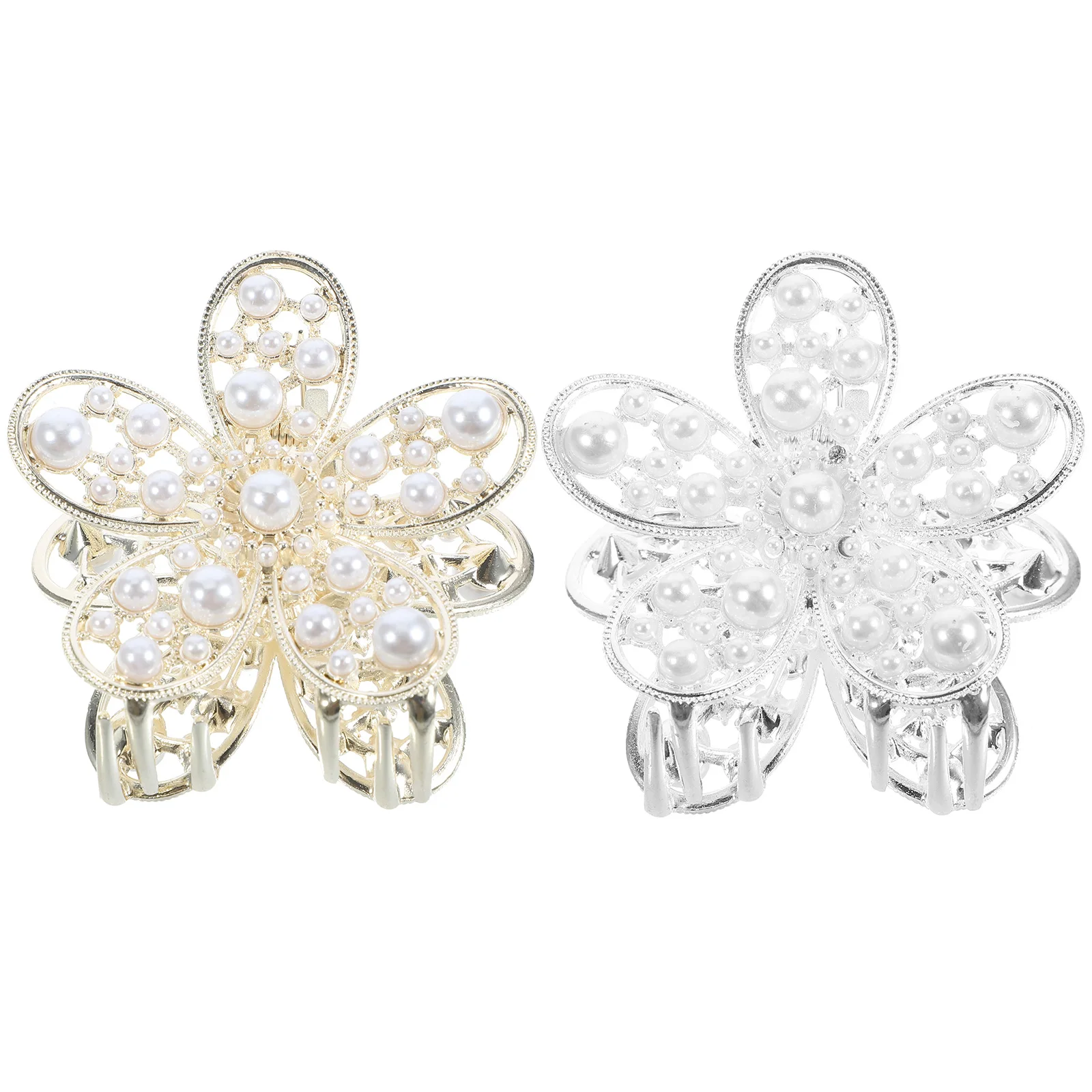 

2 Pcs Alloy Hair Claws Flower Clips for Women Decorative Headgear Elegant Pearl Rose Floral Rhinestone