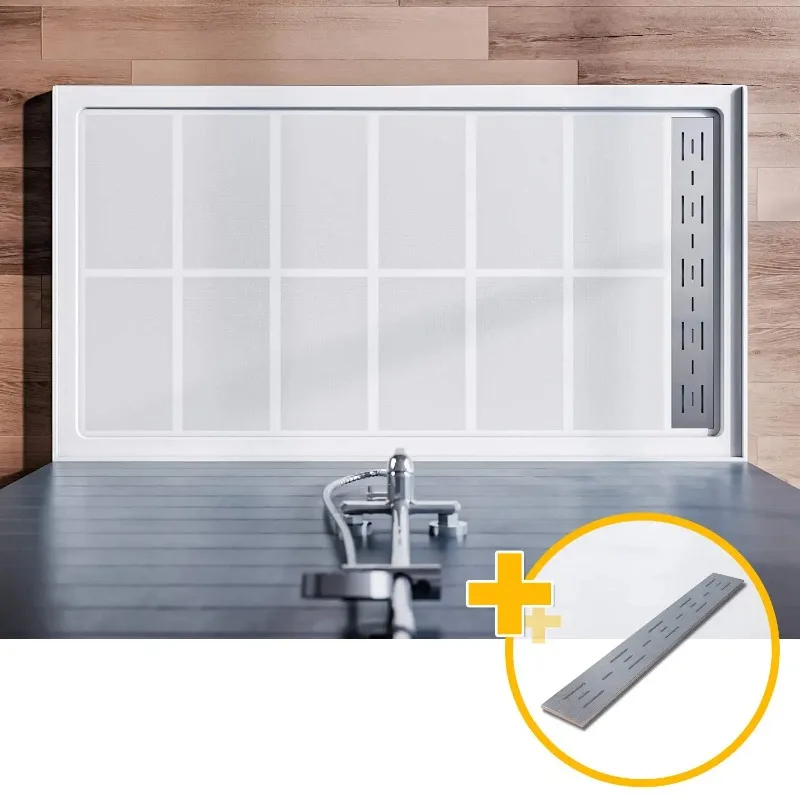 60'' L x 32'' W x 4'' H Shower Base with 304 Left Trench Stainless Steel Drain Solid Surface Shower Pan White, Customized
