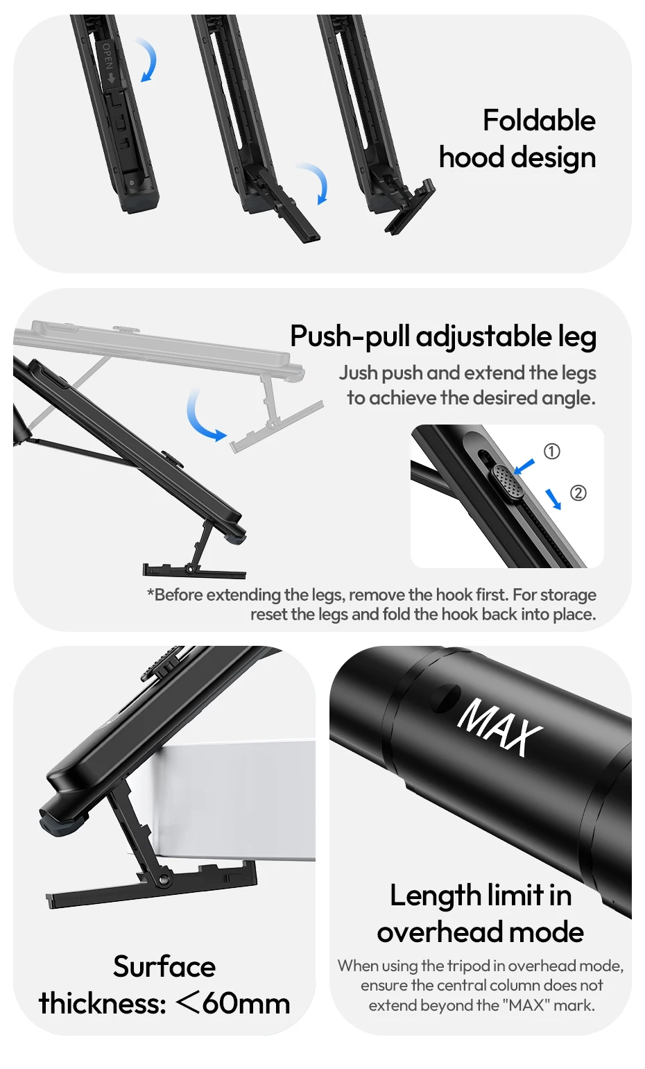 Ulanzi TT88 Overhead-Selfie-Stick 1,44 m mit MagSafe-Klemme, Fotografie-Stativ für Smartphone-Livestreaming und Vlogging mit Fernbedienung, Dual Cold Shoe, Fernbedienungslicht, Desktop-Aufnahme, Mantis-Halterung – Detail 25