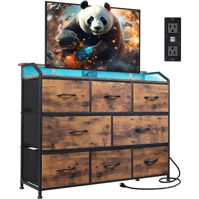 Led Dresser for Bedroom, TV Stand with LED Lights and Power Outlet, Wide Chest of Drawers, 8 Fabric Drawers, Rustic Brown