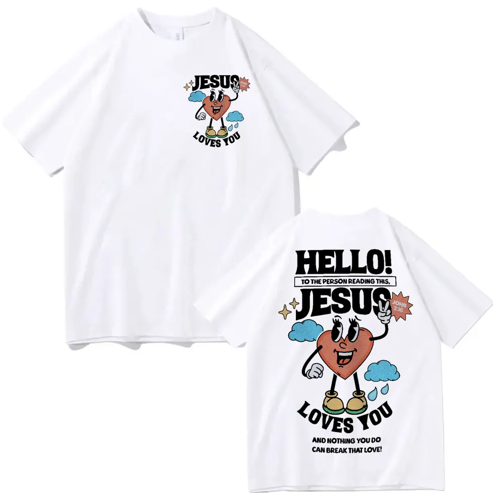 Christian Hello Jesus Loves You Bible Verse T-shirt High Street Fashion Trend Short Sleeve T Shirts Unisex Casual Loose T-shirts