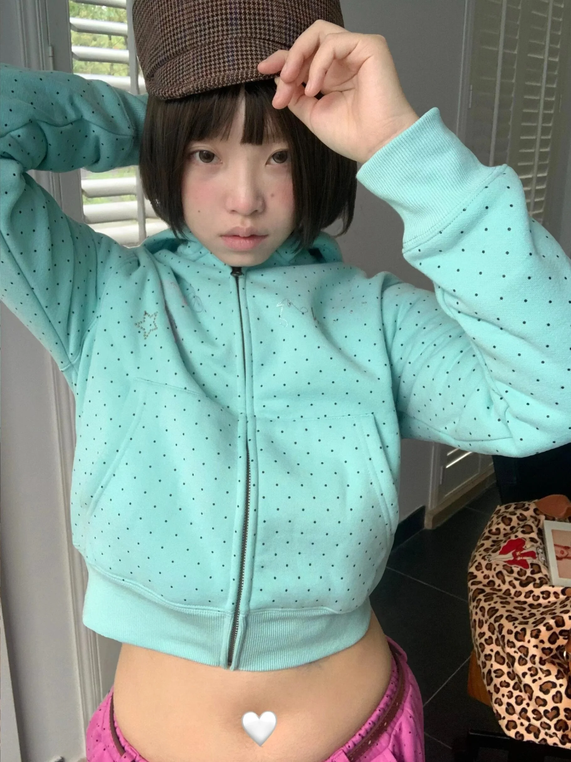 

Retro American Design Polka Dot Print ort Fce Lined Hoodie Jaet Mint een Ladies Faion Spring Autumn Zipper Closure
