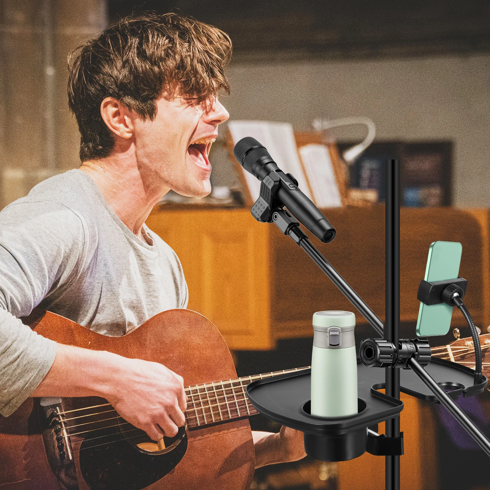 

Microphone Stand Tray Large Size Clamp On Shelf For Phone Water Bottle Live Streaming Recording Studio Meeting Mic