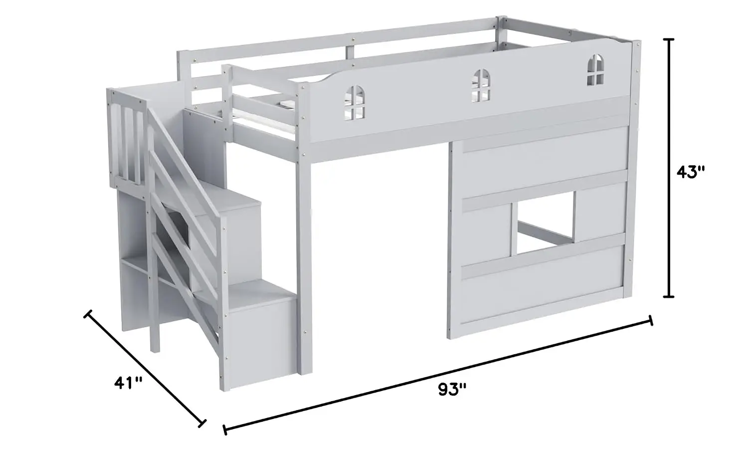 Twin Low Loft Bed with LED Light Guardrail Window Staircase Book Rack APP Control No Box Spring Gray, Customized