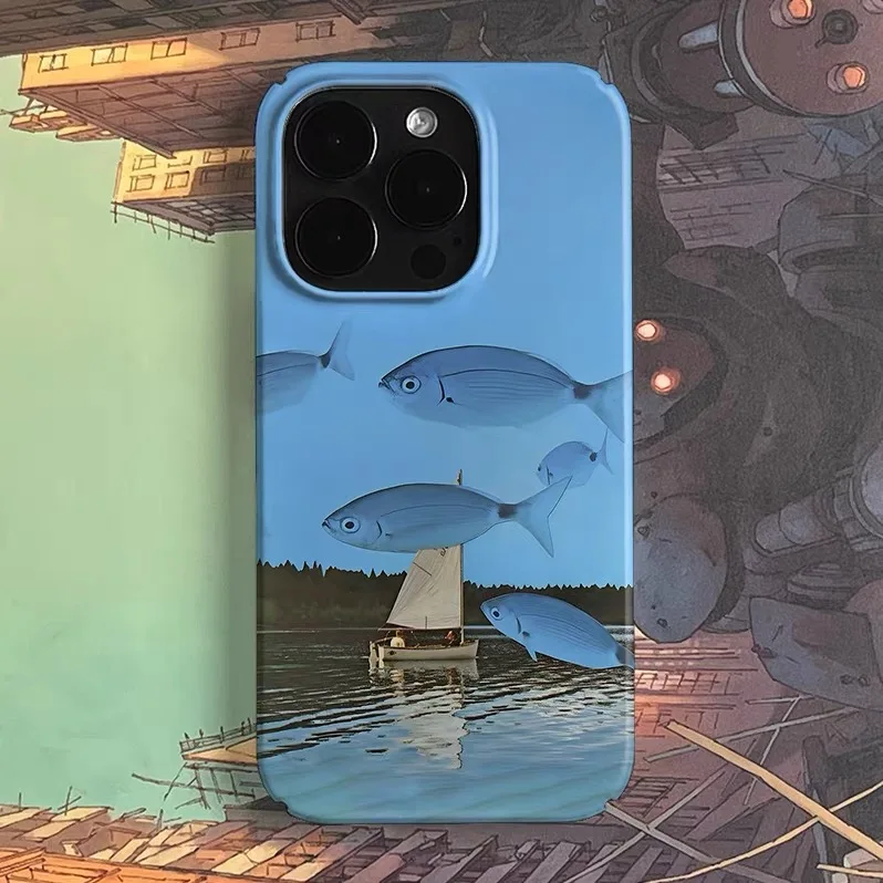 

Ins Korean Blue Fish School Cartoon Case for IPHONE 17 16 ProMax 15 14 Plus 13 12 MINI 11 PRO 16Plus XS MAX Acrylic Phone Cover