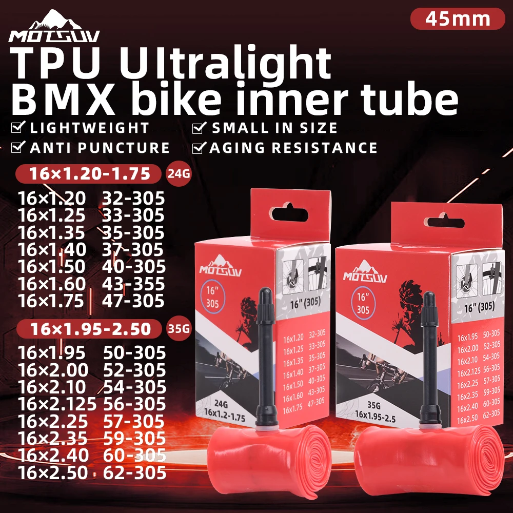 MOTSUV Road Bike TPU 24/35grams Inner Tube 16 Inches 1.20-1.75/1.95*2.5 BMX Ultra-light Durable Bicycle Tire Inner Tube Parts