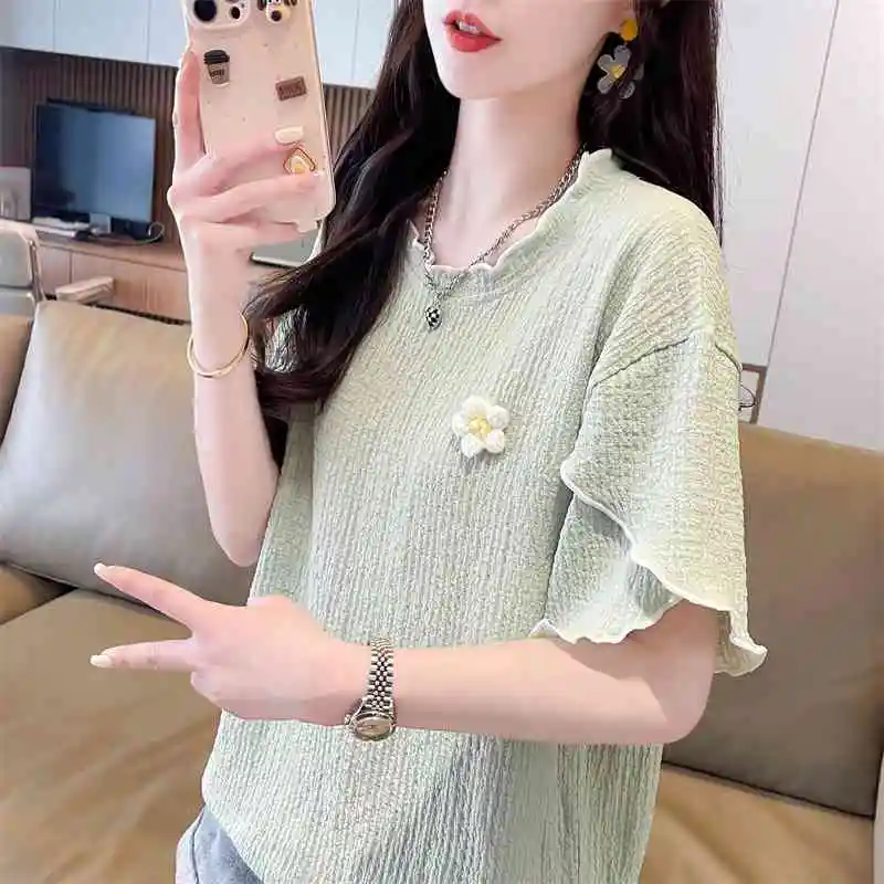 Korean Ruffles All-match Youth Plus Size Tops Tees Women Clothing New Short Sleeve Contrast Casual T Shirts Fashion Sweet Summer