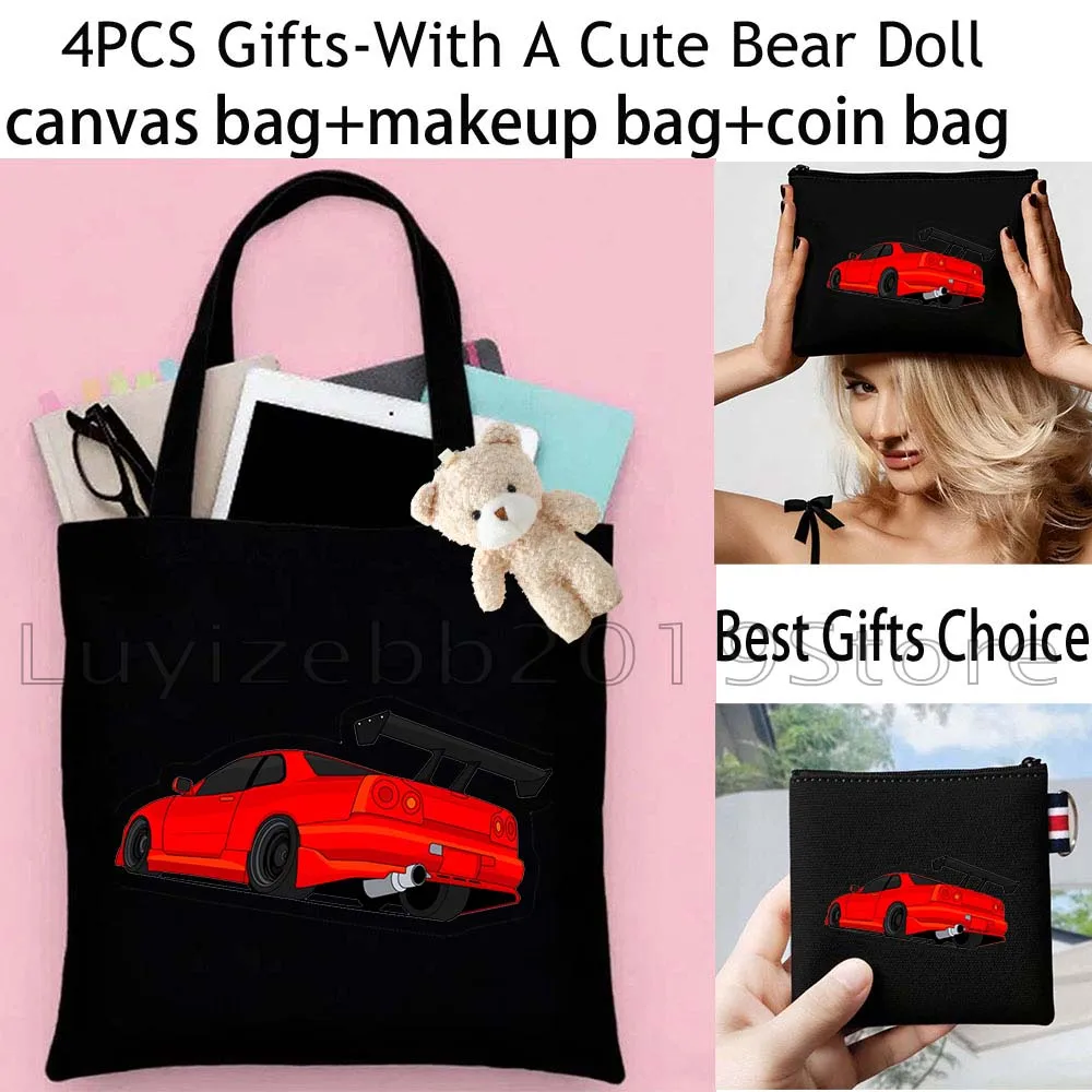 4PCS Car Fan Gifts Male Men JDM Tokyo Drift Sports Black Canvas Tote Bag Handbag,Cosmetic Makeup Bag,Coin Purse Wallet Pouch