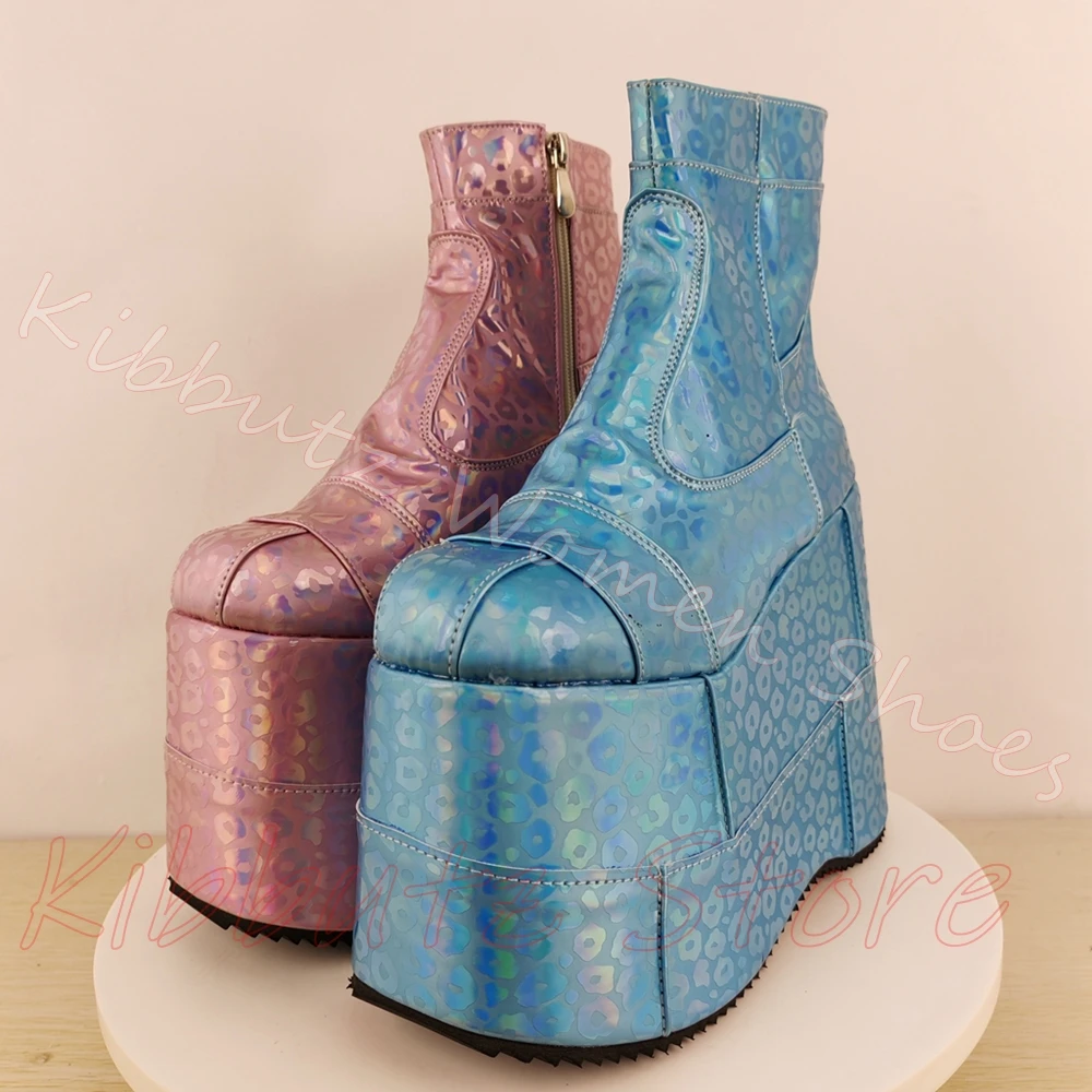 Leopard Platform Wedge Ankle Boot Women Y2K Goth Leather Fashion Thick Sole Side Zipper Round Toe Mixed Color Women Footwear New