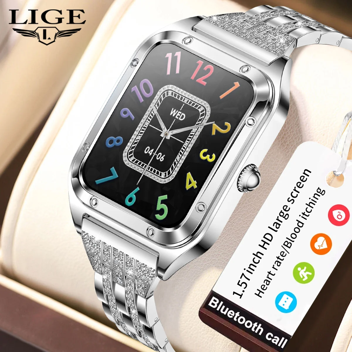 

LIGE 2024 New Smart Watch 1.57 Inch Full Touch Screen Health Tracker Sports Voice Assistant Bluetooth Call Smartwatch Lady Gift