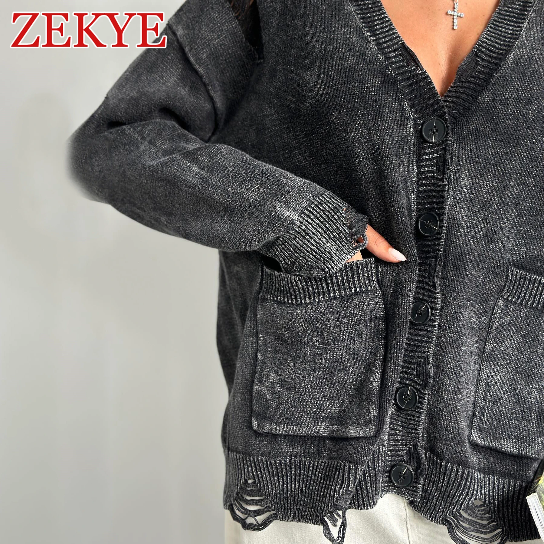 Zekye Vintage Ragged Cardigan Sweater Women 2024 Fall Clothes Winter Y2K Pockets Black Sweater Knitted Oversized V Neck Coquette