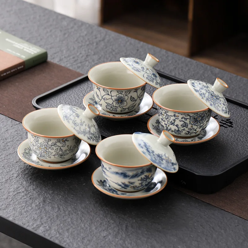 Rice Yellow Ru Ware Blue White Lotus Scroll Sancai Hover Gaiwan Chinese Kung Fu Tea Set Tasting Cup for Home Chinese Tea Art