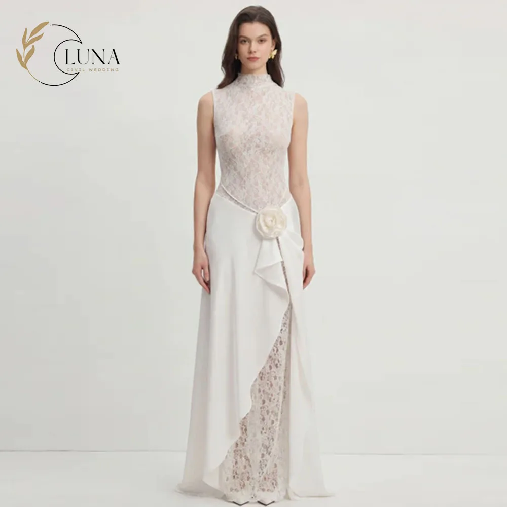 Luna Maßgeschneidertes Hochgeschlossenes Ärmelloses Etuikleid Spitzen-Brautkleid mit 3D-Blumen Modernes Damen-Brautkleid Bodenlang