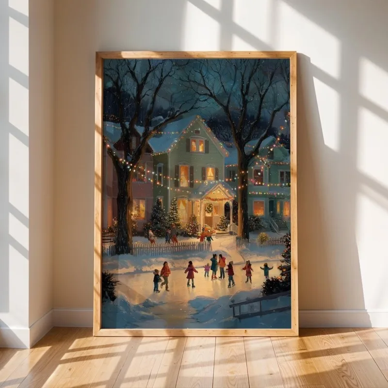 Vintage Winter Ice Skating Canvas Wall Art Snowy Christmas Evening Kids Playing Scene Holiday Wall Print Unframed Canvas Poster