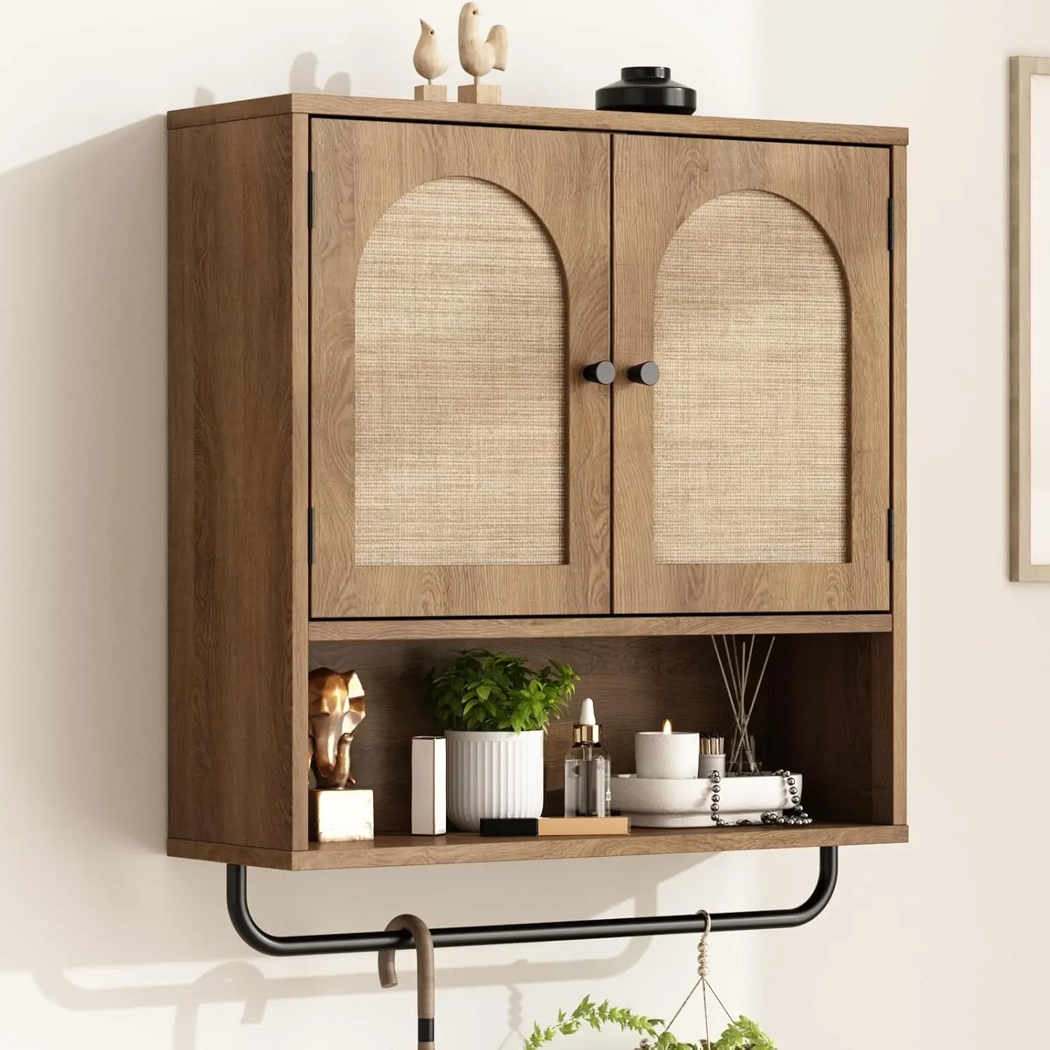 

Boho Rattan Bathroom Wall Cabinet with Arched Doors, 3-Tier Over Toilet Storage with Adjustable Shelves & Towel Bar