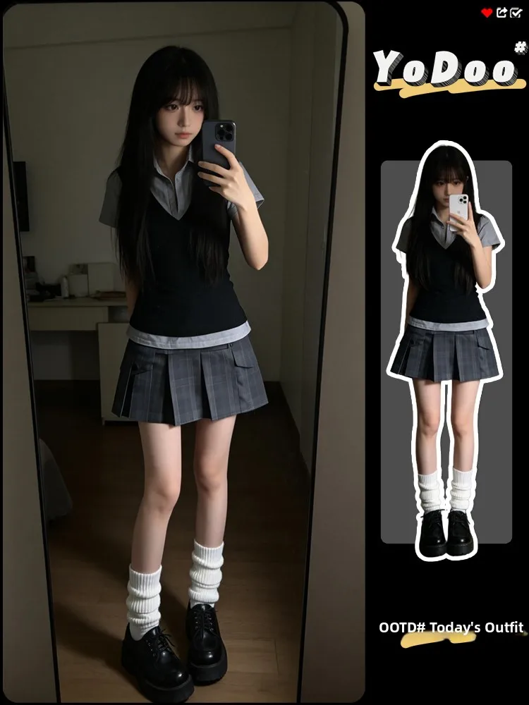 

Korean Style Plaid Skirt And Shirt Set Women's Summer Short Sleeve Patchwork School Uniform Style Fashion Ensemble