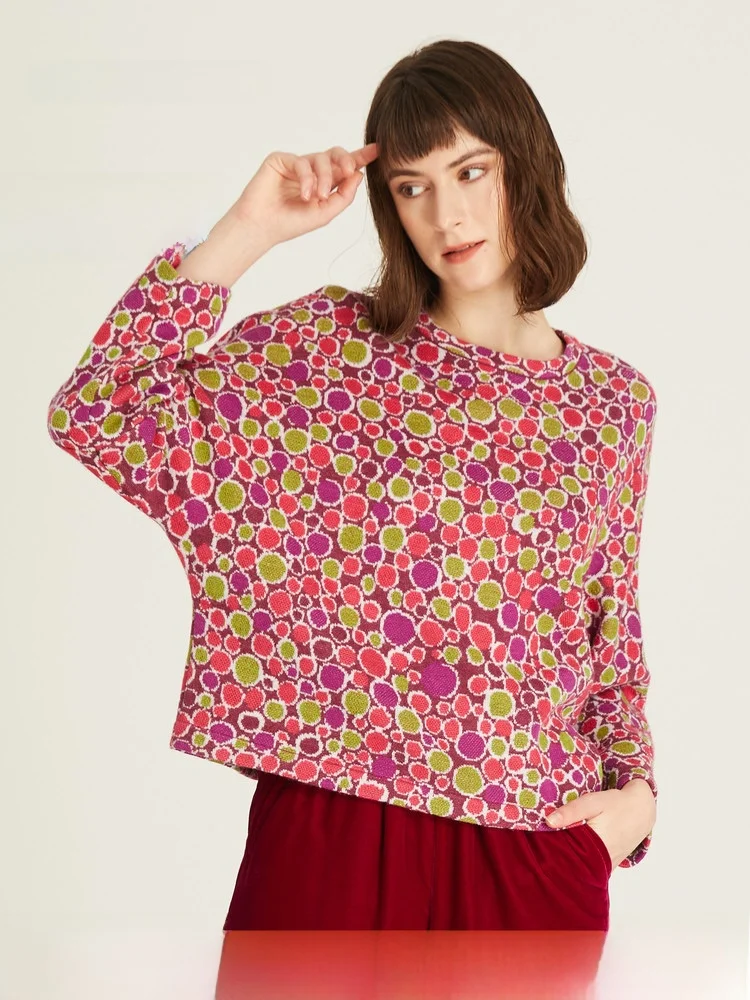 

Faionable Knitted Sweater round Ne Batwing ort Sle Wool Blend Pullover Floral Embroidery Women's Anti-aging Top