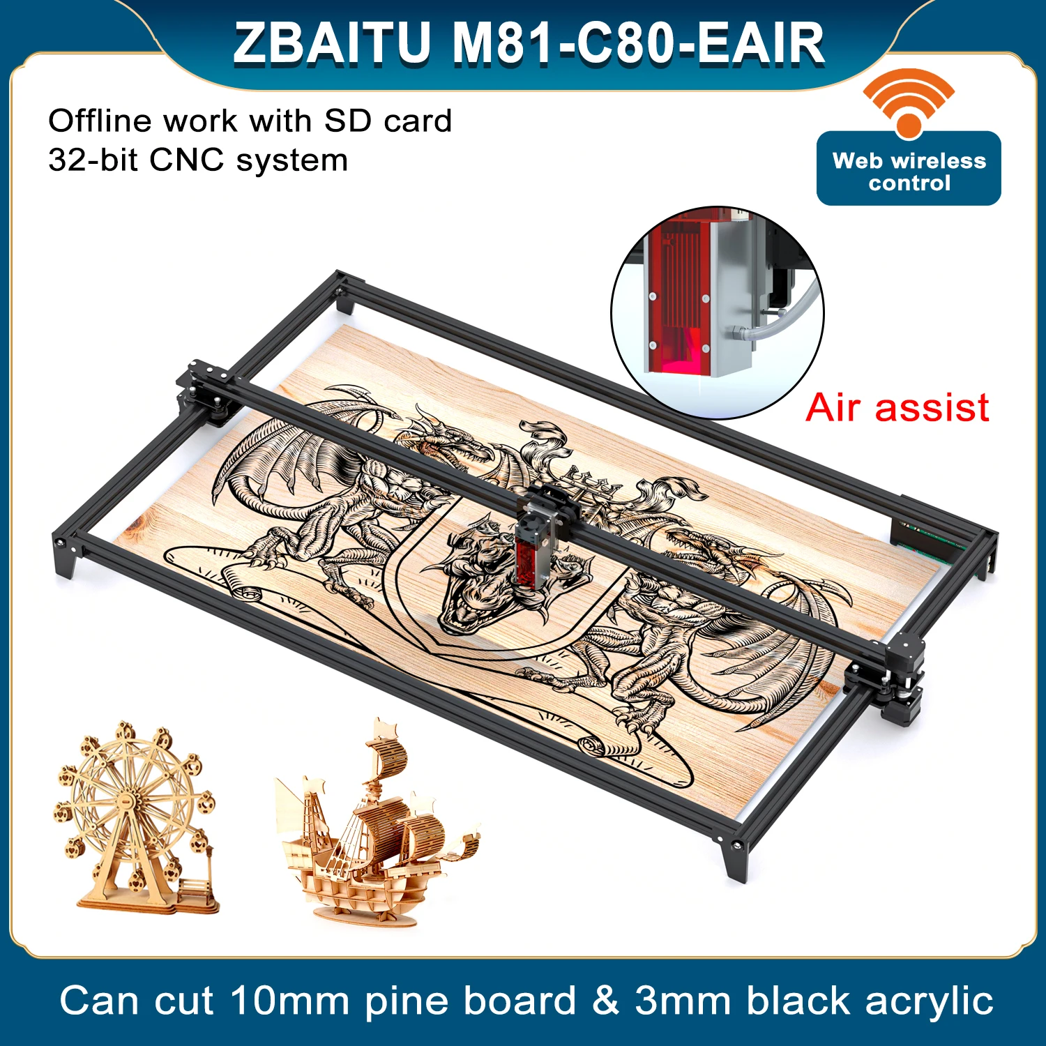 ZBAITU-Laser Gravação Diodo Madeira Router, Gravação e Máquina de Corte, Built-in Air Assist, 81x4, 80x80cm