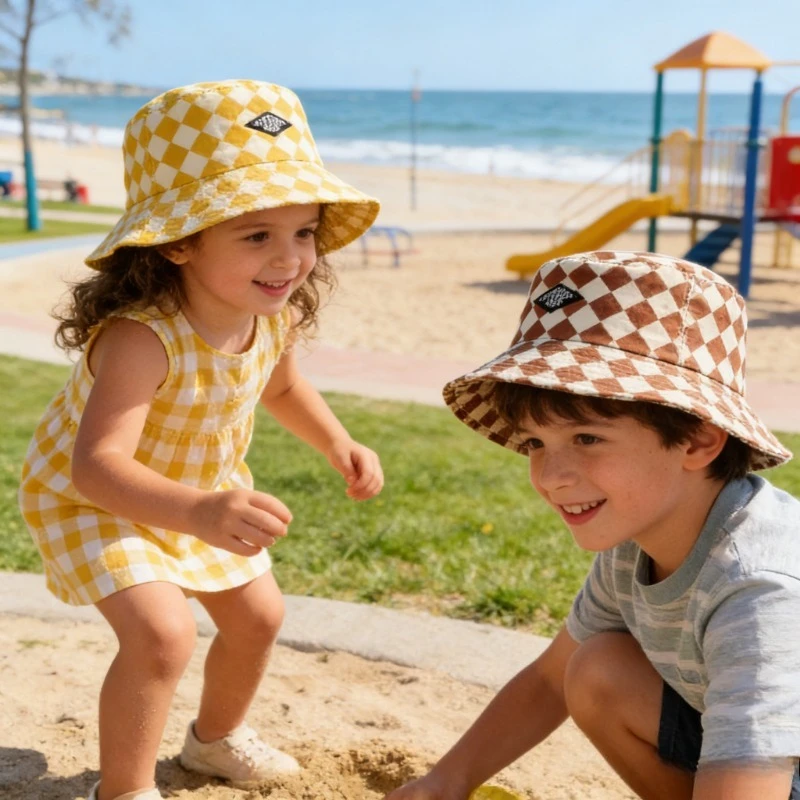 Kinder-Eimerhut, 50–52 cm, 1–5 Jahre, Schachbrettmuster, niedliches kariertes Muster, für Babys, Jungen und Mädchen, Sonnenhut, weiche Fischerhüte für Kinder, Panama-Kappen
