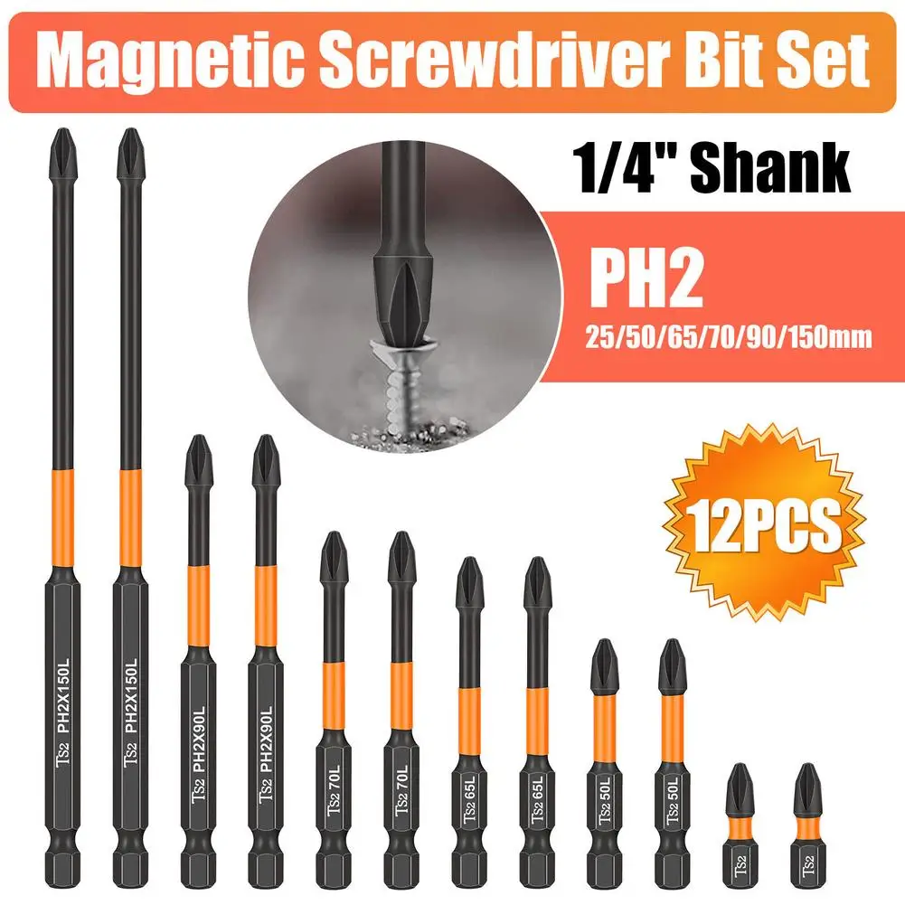 

12Pcs PH2 Magnetic Screwdriver Drill Bits 1/4” Hex-Shank Strong Magnets Excellent Hardness Impact Driver Bit Set