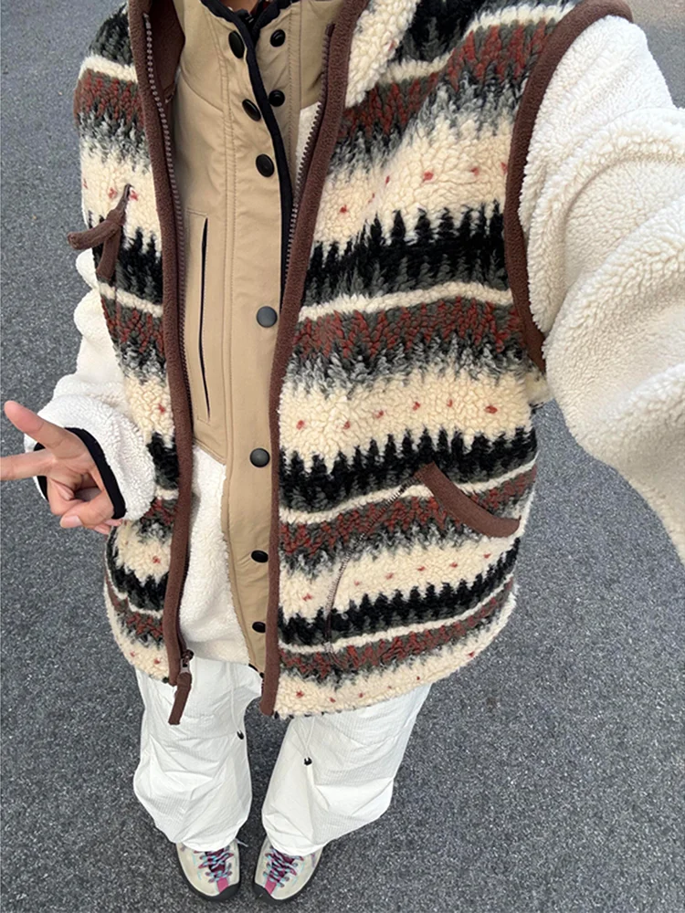 

Двусторонний жилет из меха ягненка с рисунком ягненка, осенне-зимнее теплое пальто в американском стиле ретро с капюшоном на молнии