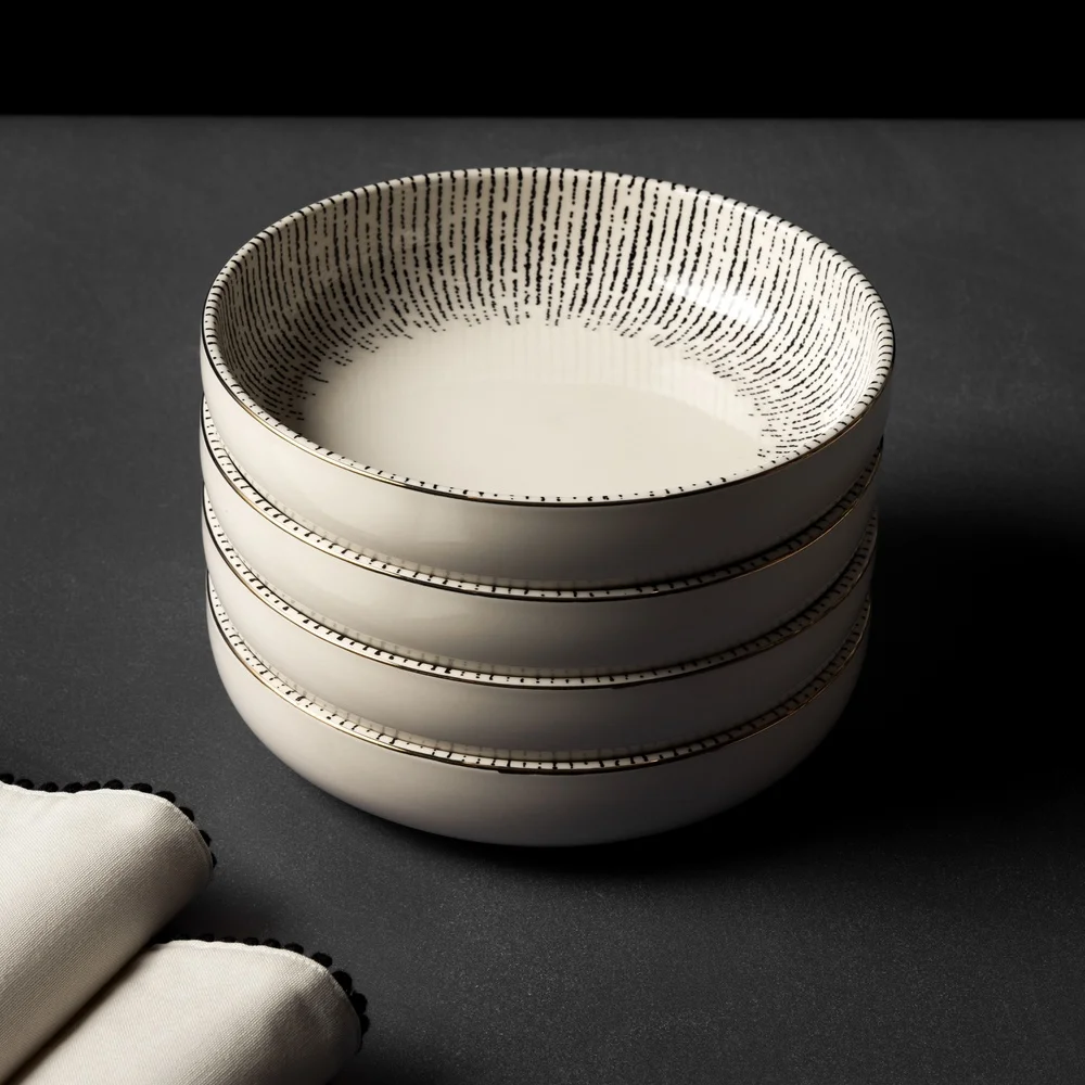 مجموعة أوعية منخفضة من الخزف الحجري مكونة من 4 أوعية أنيقة ومتينة ومتعددة الاستخدامات وآمنة للاستخدام في غسالة الأطباق والسلطات المثالية وأساء المعكرونة