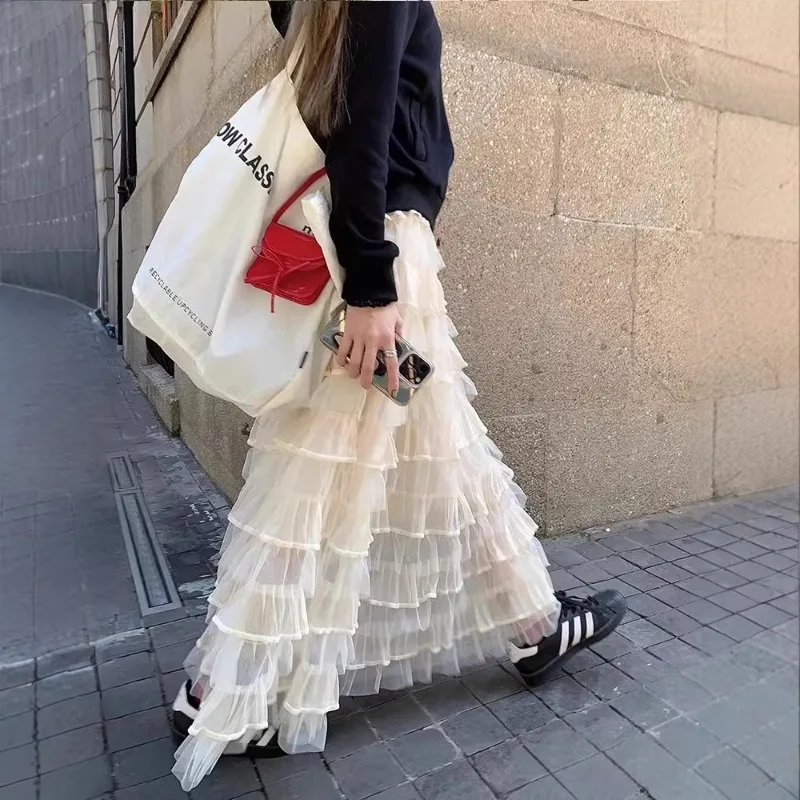 2026 New Streetwear Women's Cream Multi-Layer Ruffled Tulle Midi Skirt Elastic High Waist Tiered Mesh Sweet Lolita Cake Skirts