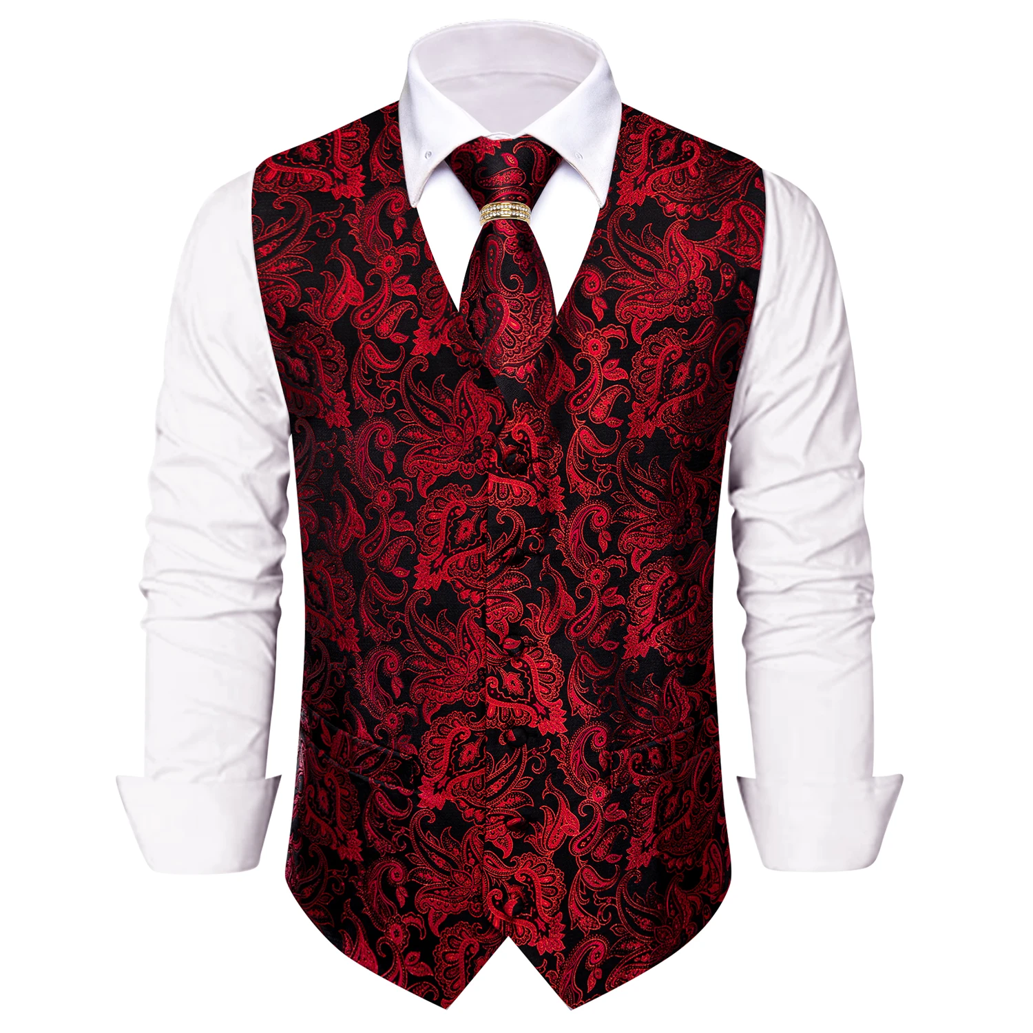Black Burgundy Paisley Jacquard Vest 5-In-1 Kit Tie Pocket Square Cufflinks Gold Rhinestone Ring For Wedding Banquet