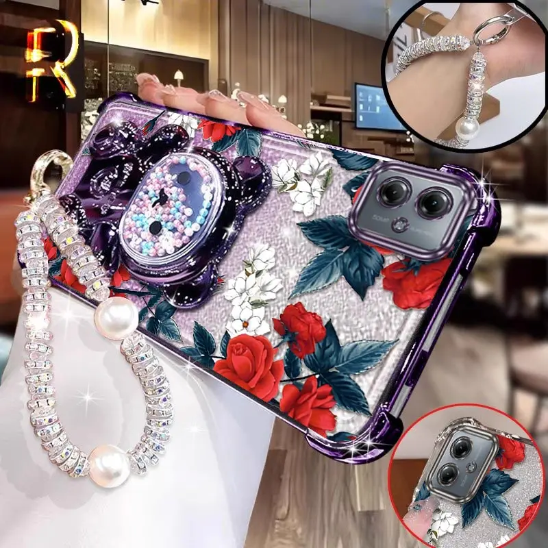 

G54 Чехол-держатель браслета с красными цветами для Motorola G54 G54Powe G64 G84 G71S G82 G52 G30 G20 G10 Cover