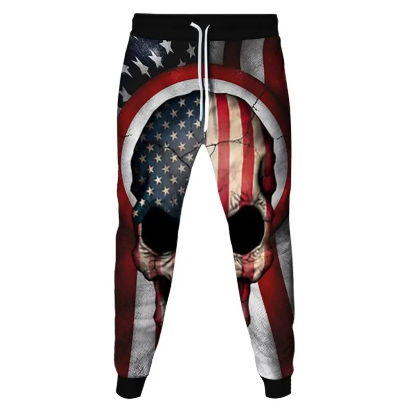 Men Punk Style Blue Flame Skull USA Flag 3D Printing Sweatpants Women Outdoor Casual Clothes Trousers Holloween Party Wear Pants