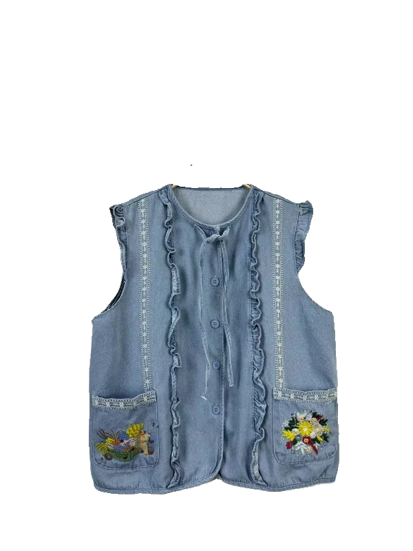 Spring Summer Sweet Sle Women's Denim Jaet with Embroidery Belted round Ne ket Floral Trim Versatile oulder Pad