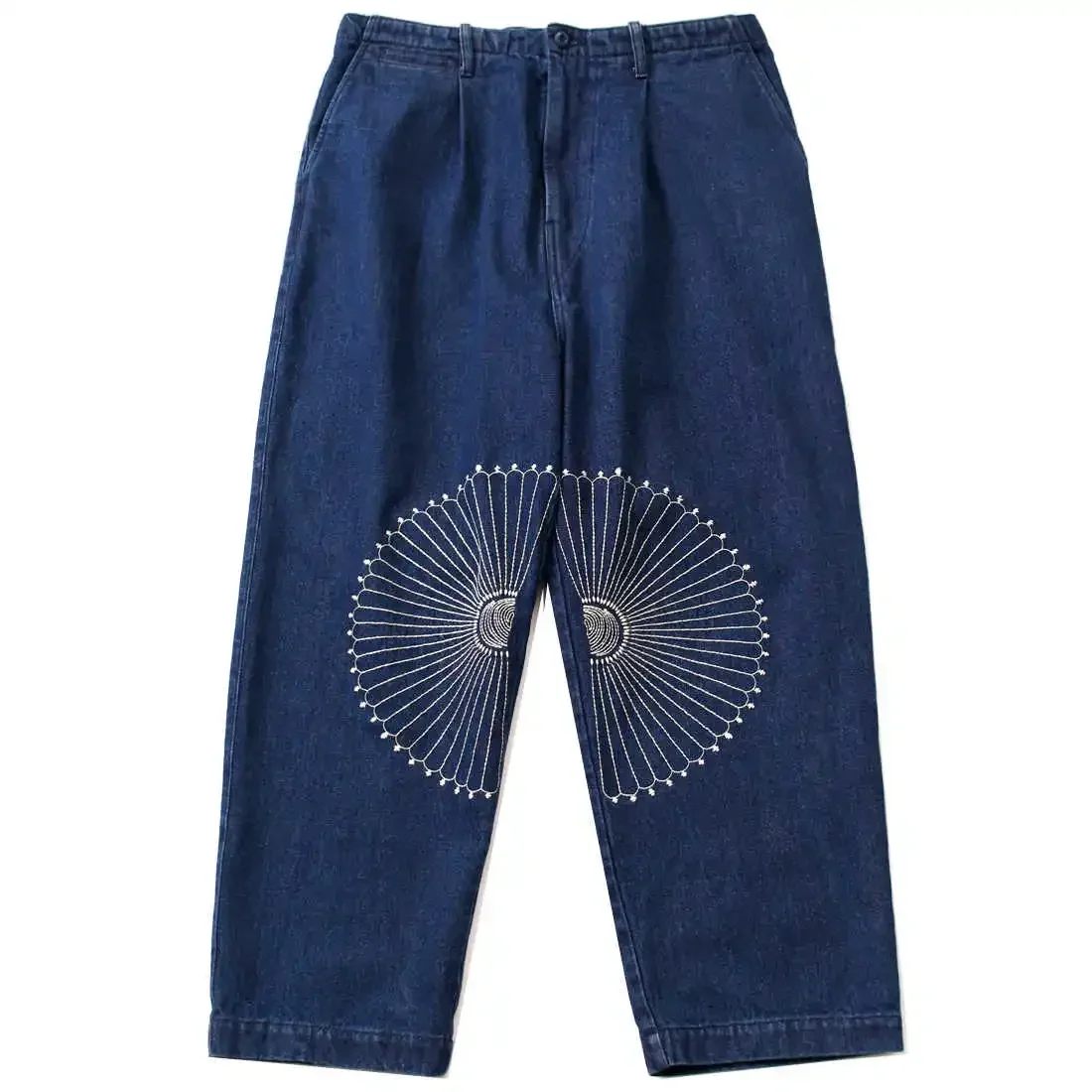 Japanese Retro Ethnic Style Craftsmanship Embroidery Pattern Washed Denim Jeans Men's Loose Wide Leg Pants Chrysanthemum Pants