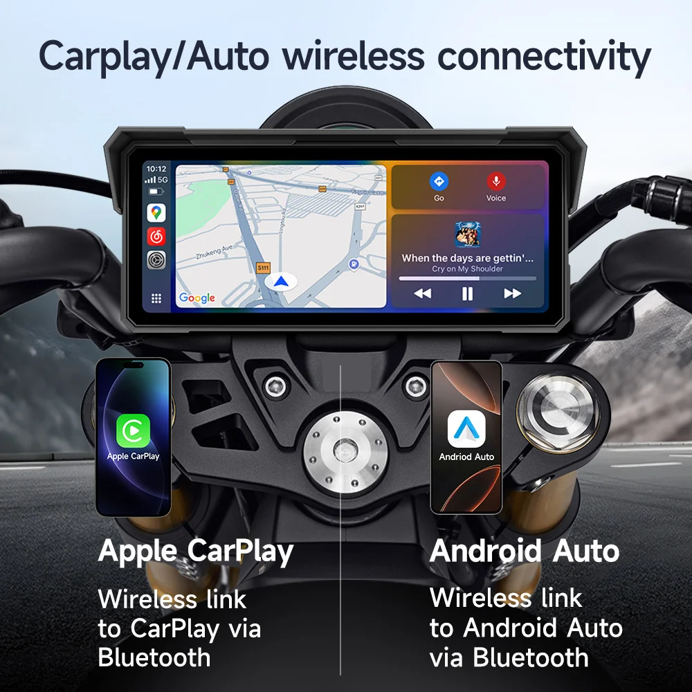 JIUYIN 8.1inch Portable Motorcycle GPS Wireless CarPlay& Android Auto IPX8 Waterproof Motorbike Navigation TPMS Recorder Camera