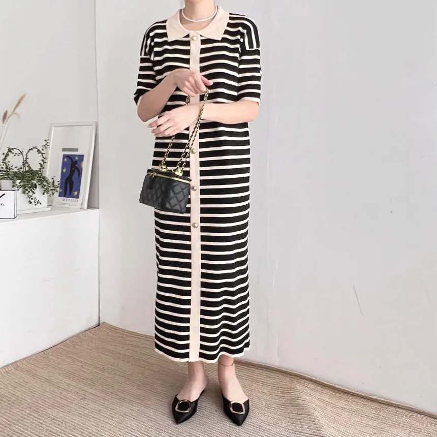 Korean Fashion Striped Summer Dress Women Knitted Ice Silk Turn down Collar Short Sleeve Casual Loose Long Dresses Vestidos