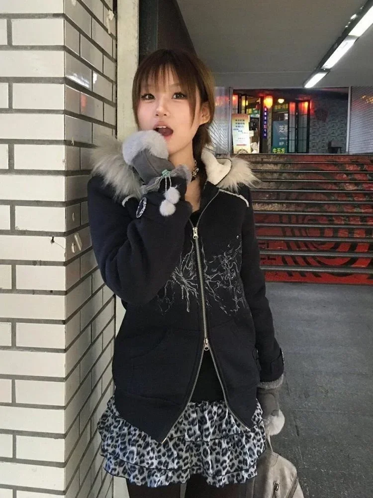 Y2kเสื้อกันหนาวขนสัตว์Patchwork Hoodiesผู้หญิงVINTAGEพิมพ์แจ็คเก็ตเกาหลีคู่ซิปHooded Coats Harajuku Grunge Streetwear