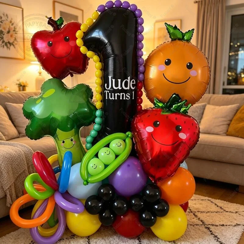 44pcs Smiling Orange Strawberry Balloon 32 Inch Black Number 1-9 Birthday Balloon Set Vegetable and Fruit Theme Party Decoration