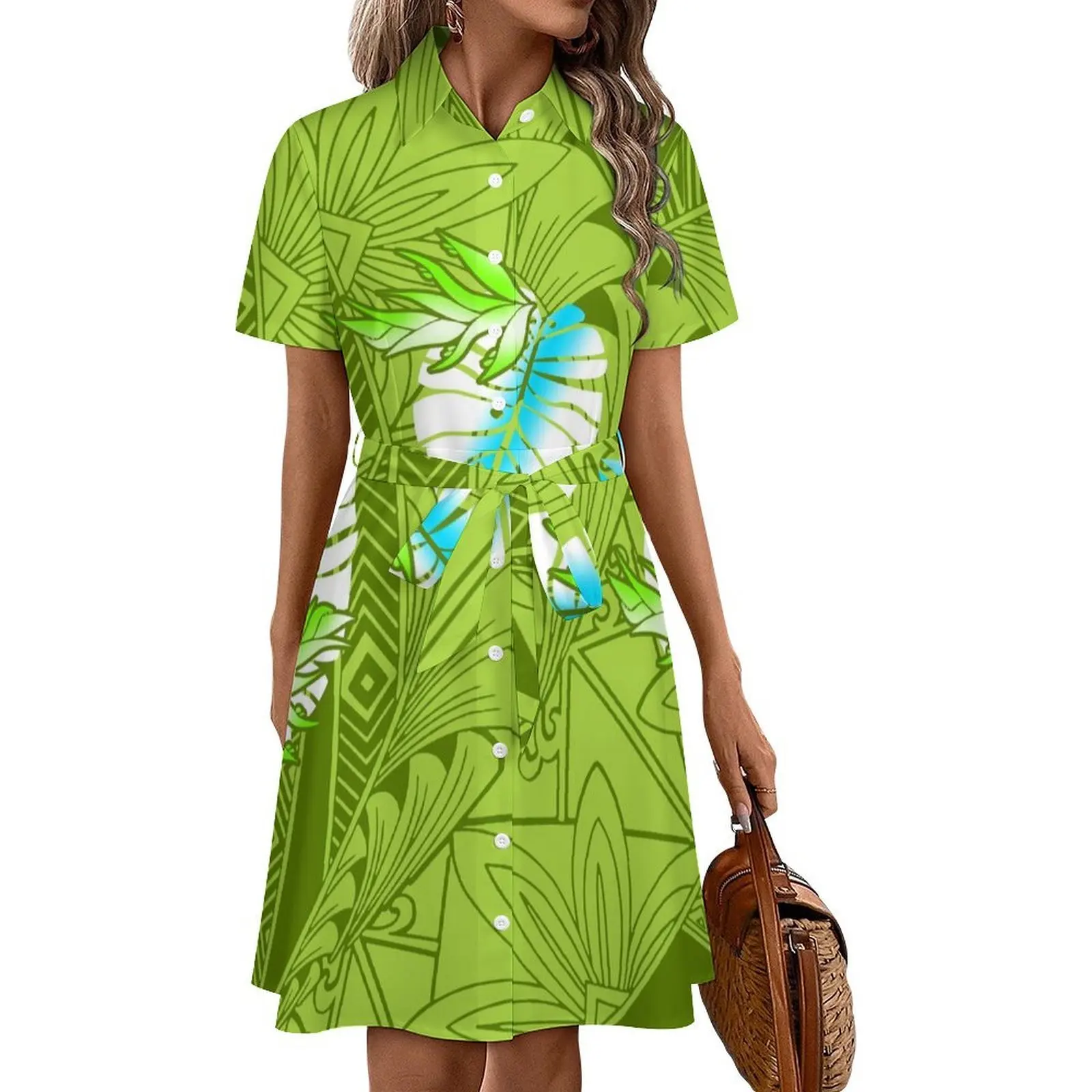 폴리네시안 여성 프린트 패턴 사모아 부족 스타일 하와이안 반팔 셔츠 드레스