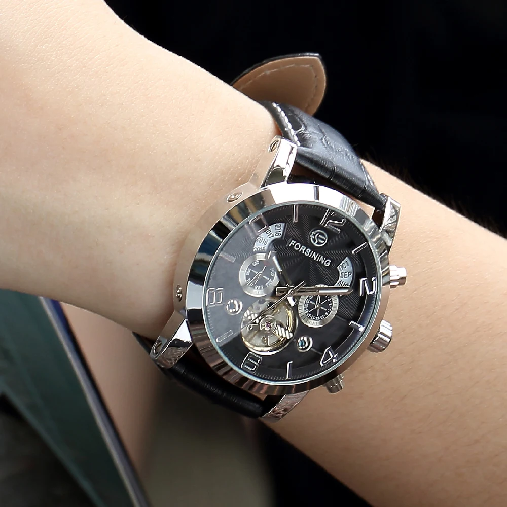 FORSINING Men\'s Watch Automatic Mechanical Date Day Full Calendar Tourbillon Skeleton Luminous Male Business Leather Wristwatch