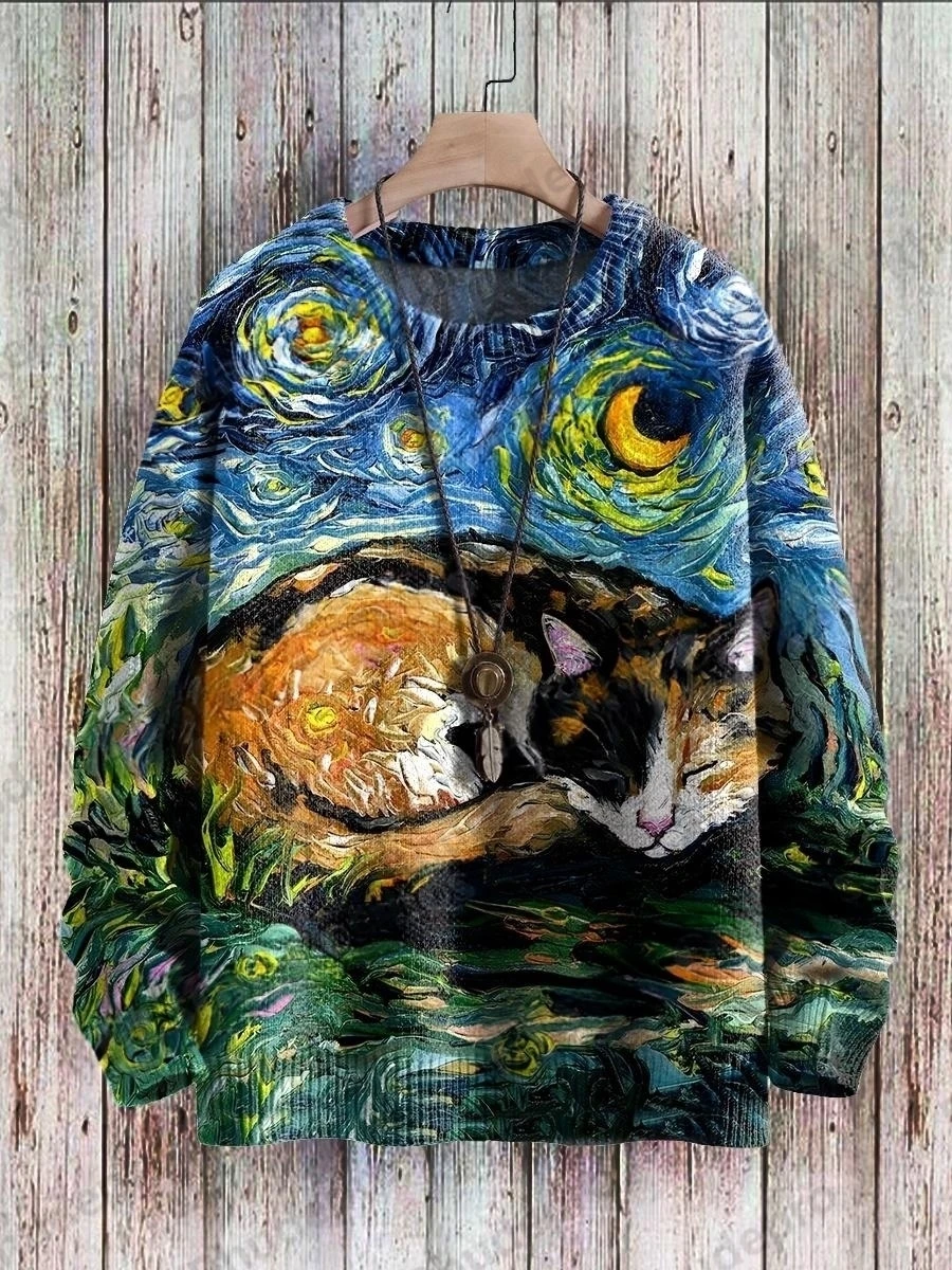 Cute Dog Abstract & Cat Starry Sky Art Pattern 3D Printed Mens Knitted Pullover Winter Unisex Casual Knit Pullover Sweater